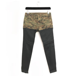 R13 black leather jeans with military print cotton top
