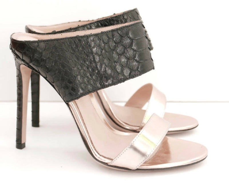 Gianvito Rossi black and rose gold patent leather and python skin sandals
