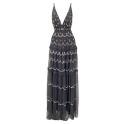 pre-loved NEEDLE & THREAD black flower embellished gown | Size UK8