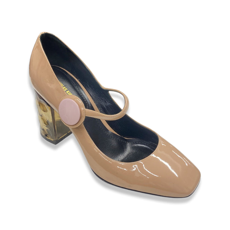 pre-loved NICHOLAS KIRKWOOD nude patent leather block heels | Size 38.5