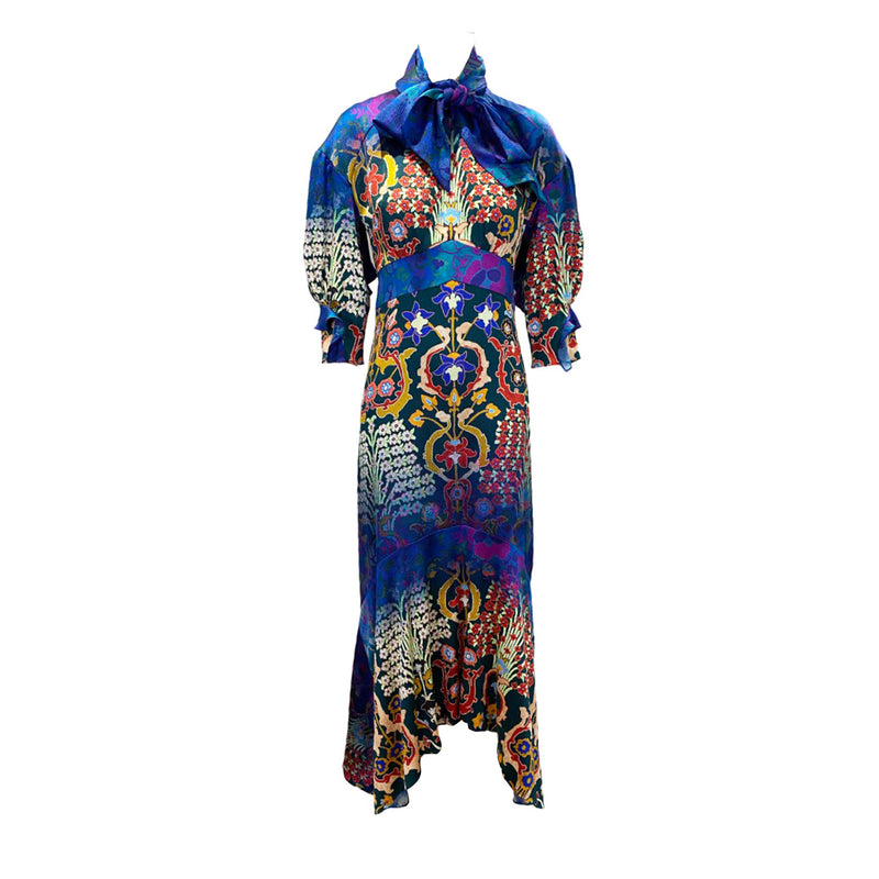 pre-loved PETER PILOTTO multicolour floral print maxi dress with a bow | Size UK6