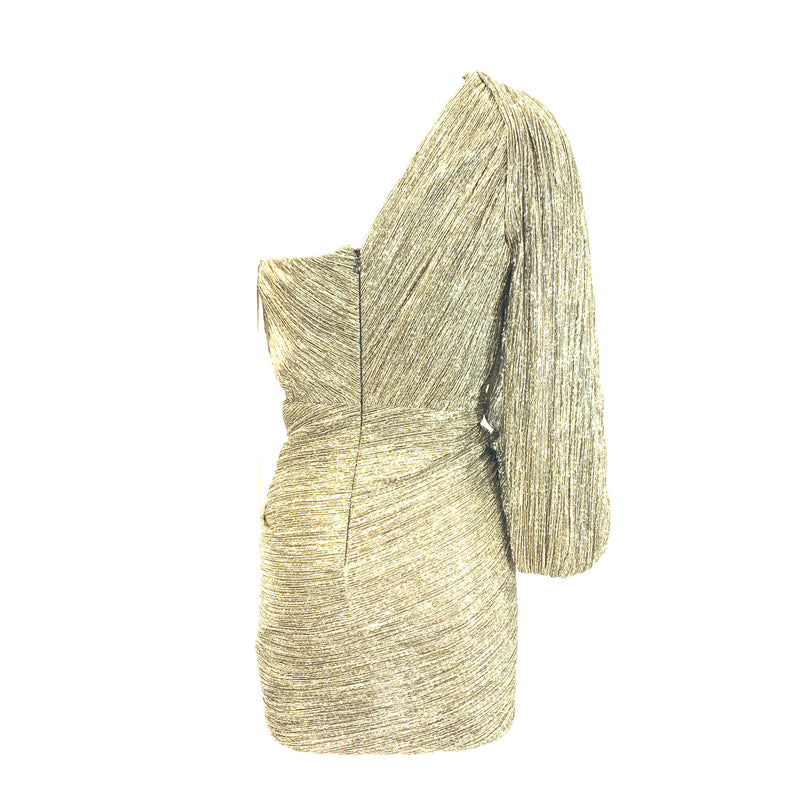 Peter Pilotto gold metallic one-sleeve ruched-plissé mini dress