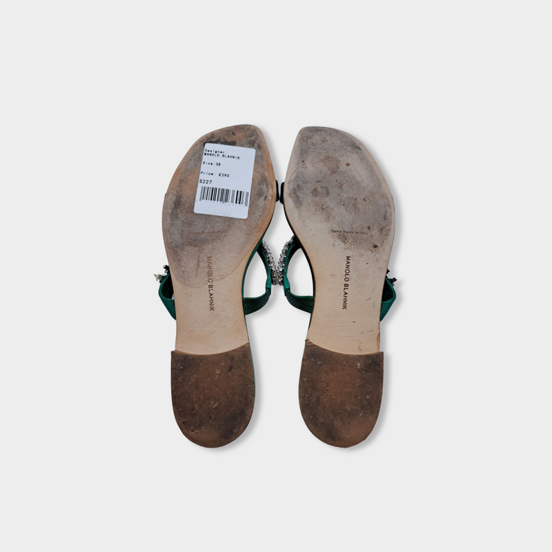MANOLO BLAHNIK green silk sandals with crystals