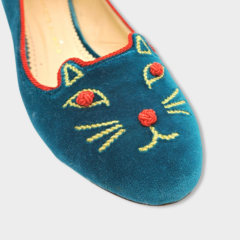 second-hand CHARLOTTE OLYMPIA velvet green flats with embroidery