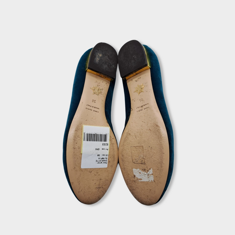 CHARLOTTE OLYMPIA velvet green flats with embroidery