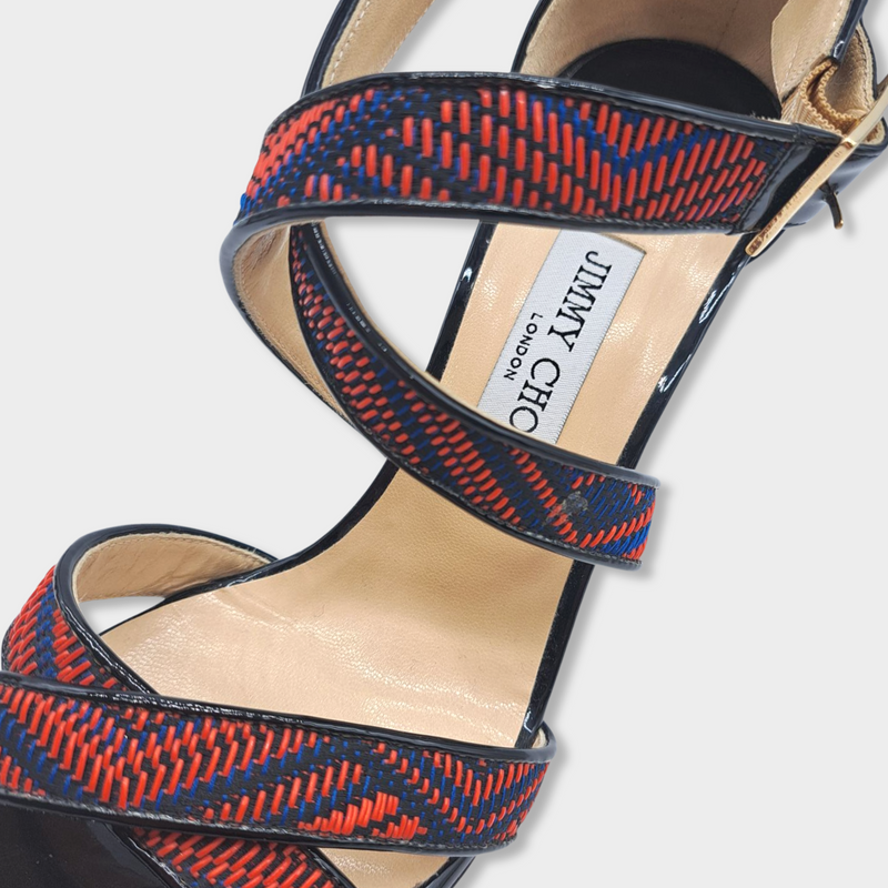 second-hand JIMMY CHOO red black and blue strap heels