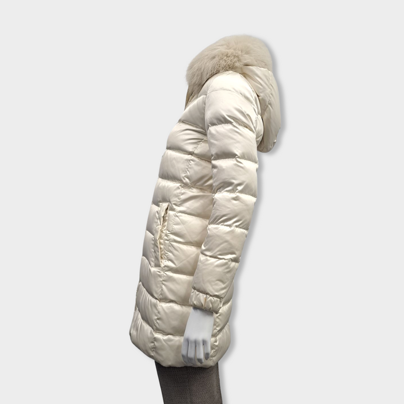 second-hand PRADA ecru down feather puffer jacket with fur collar