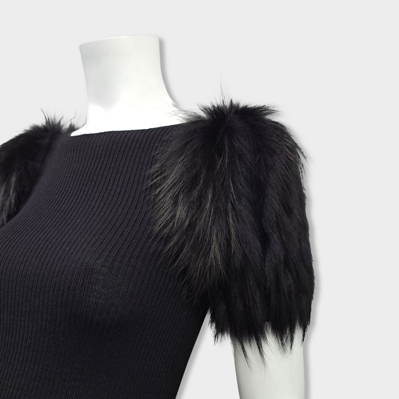 pre-loved PRADA ribbed black wool top with fur sleeves