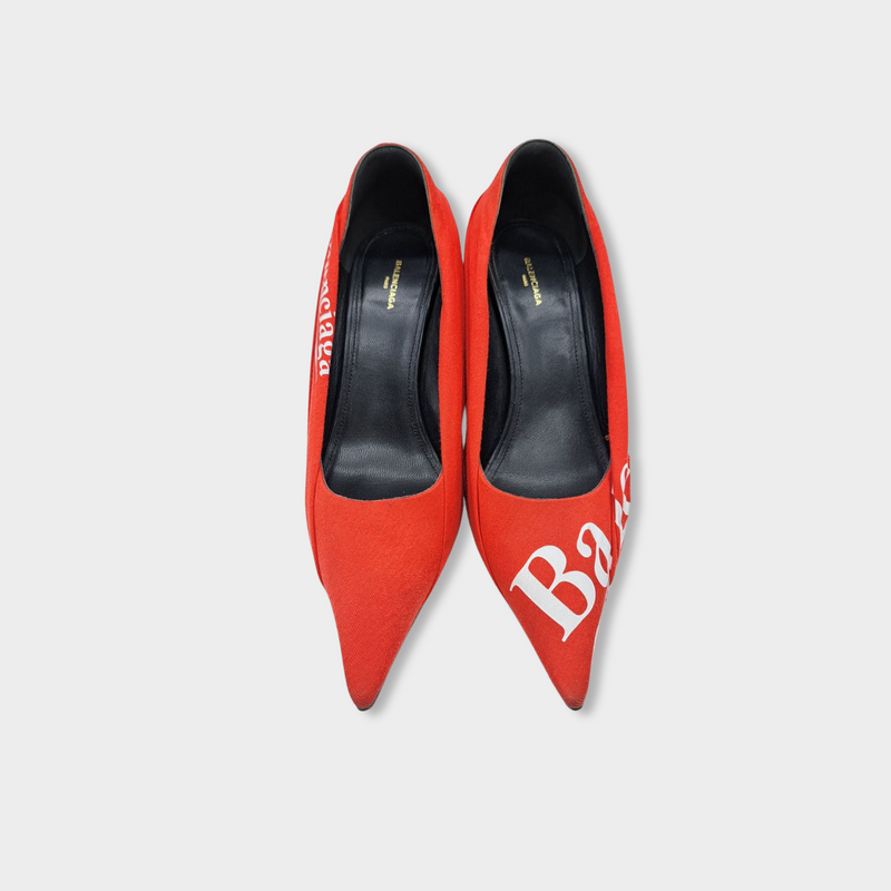 pre-loved BALENCIAGA red jersey draped Knife heels