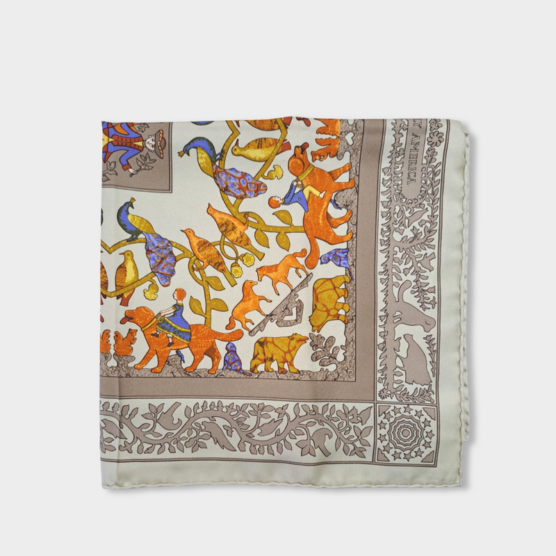 second-hand HERMÈS silk multicolour print on beige scarf