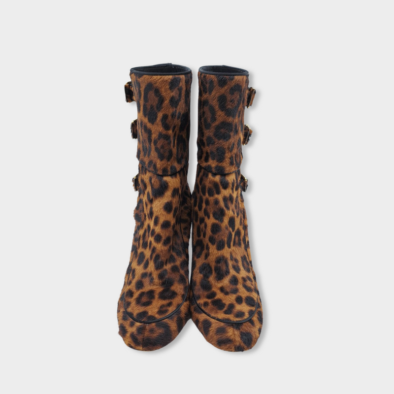 pre-loved LAURENCE DECADE black and brown animal print pony skin boots