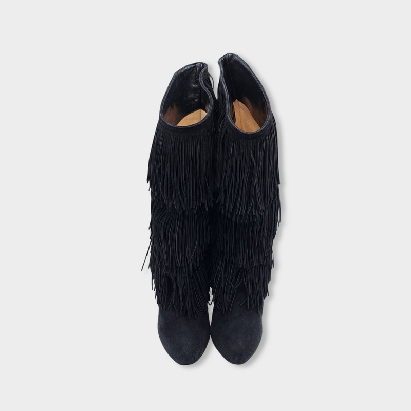 pre-loved CHRISTIAN LOUBOUTIN black suede boots with fringes