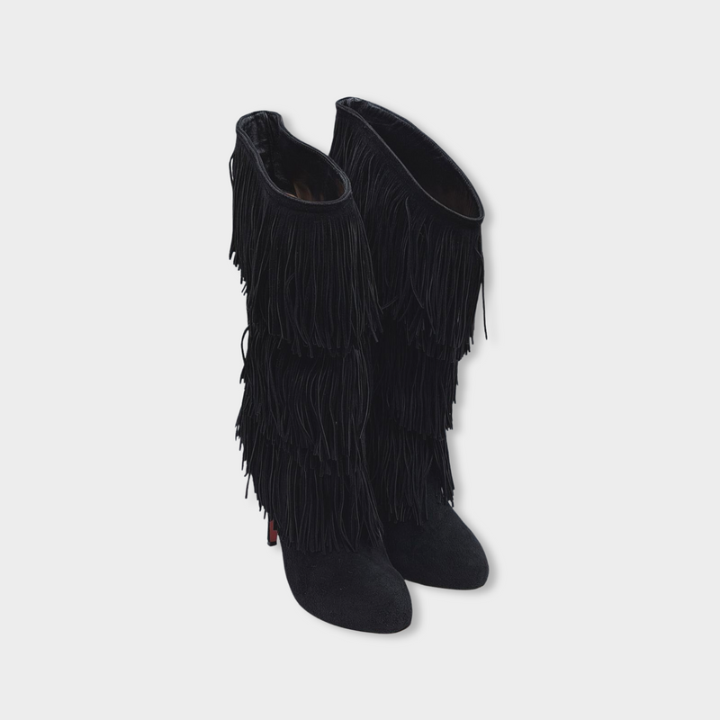 CHRISTIAN LOUBOUTIN black suede boots with fringes