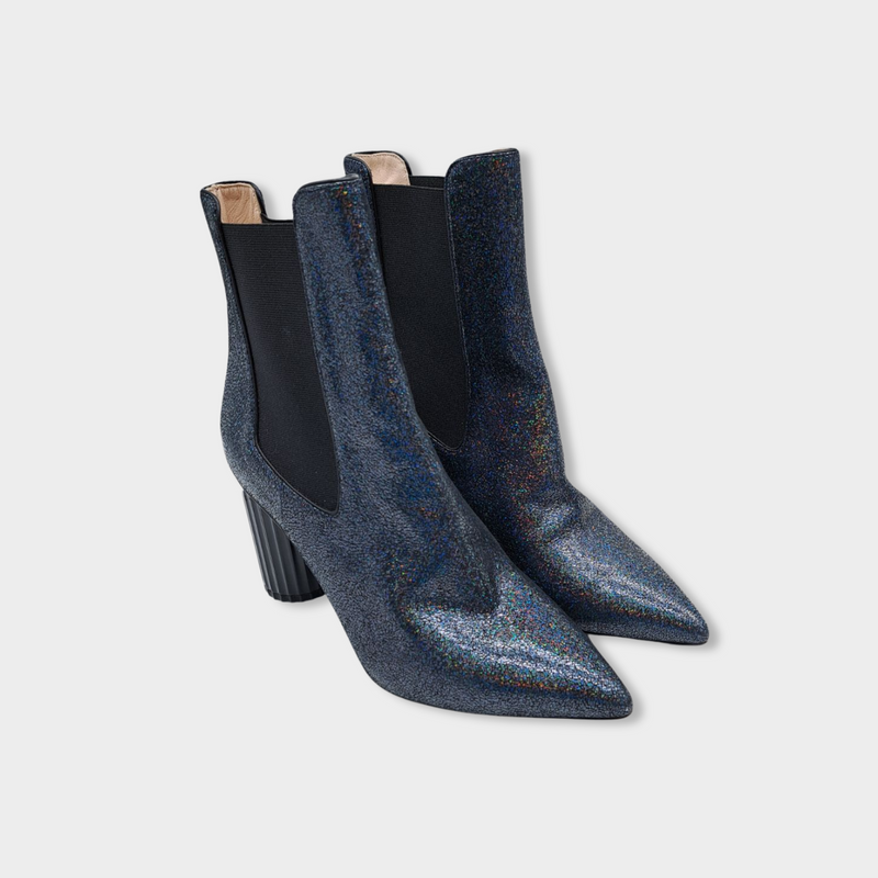ROBERTO CAVALLI navy glitter leather boots with cut out heel details