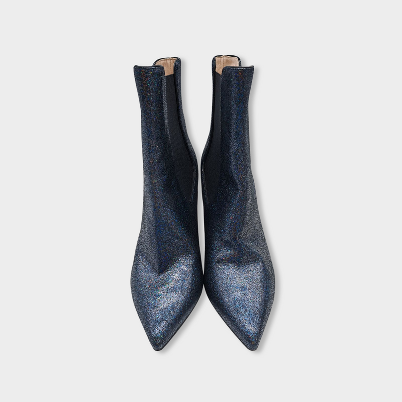 pre-loved ROBERTO CAVALLI navy glitter leather boots