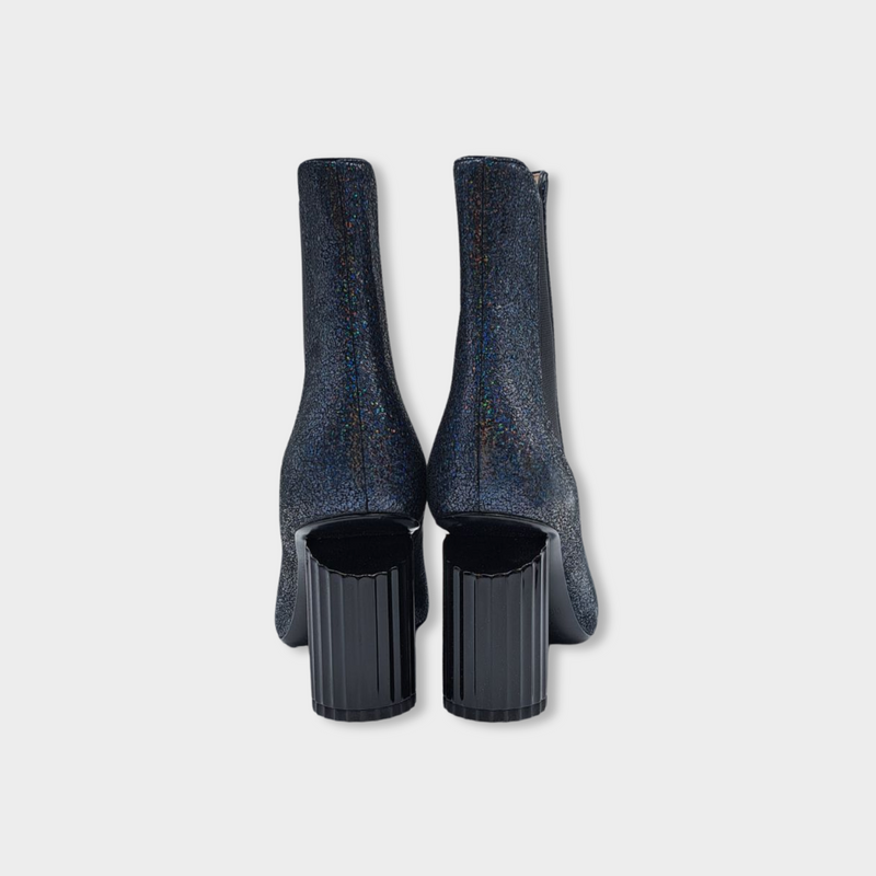 ROBERTO CAVALLI navy glitter leather boots with cut out heel details