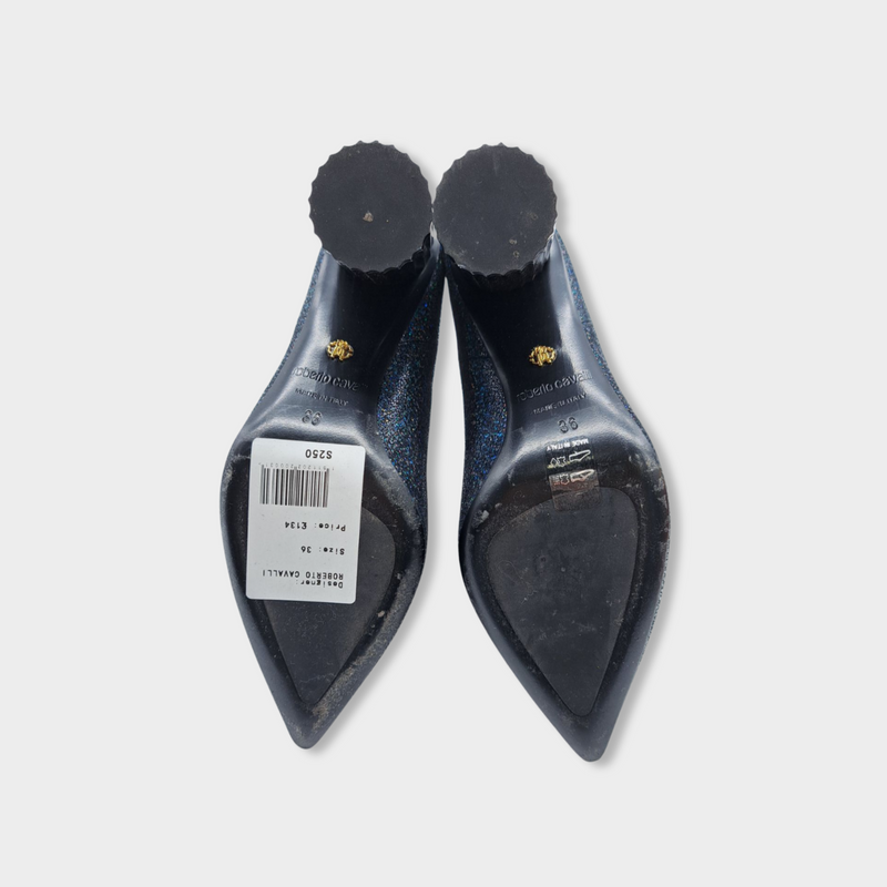 ROBERTO CAVALLI navy glitter leather boots with cut out heel details