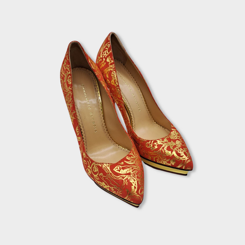 CHARLOTTE OLYMPIA red suede platforms with gold emboss details