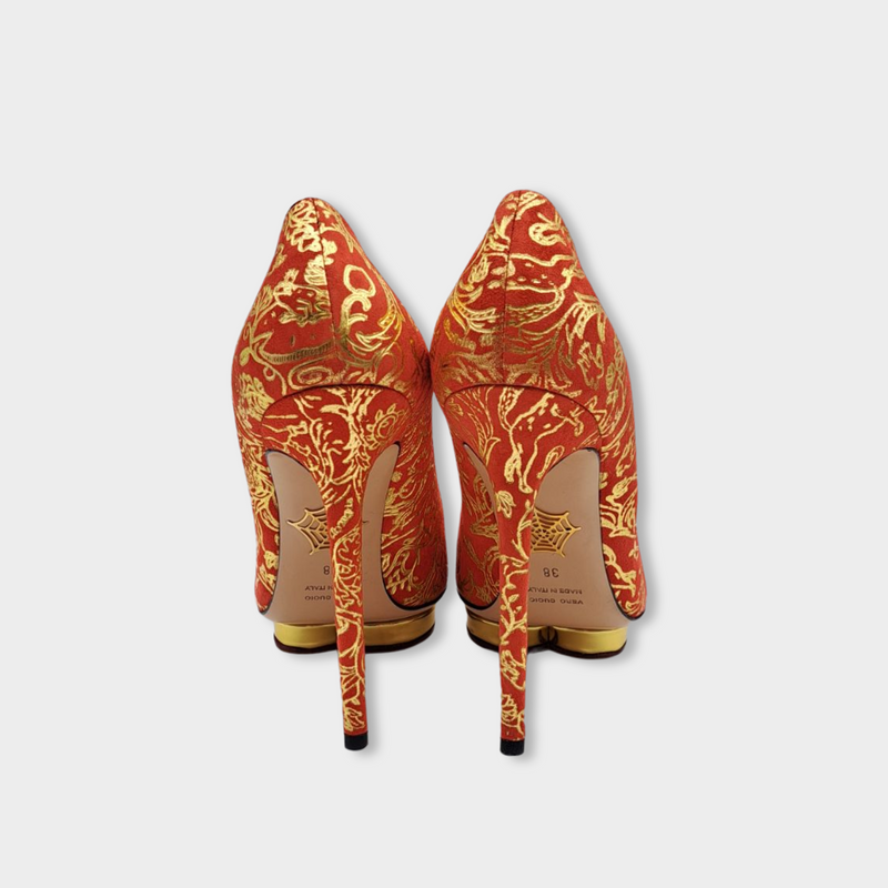 CHARLOTTE OLYMPIA red suede platforms with gold emboss details