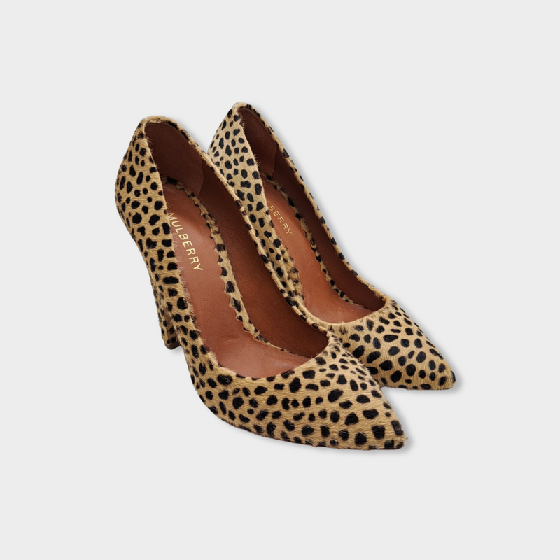 MULBERRY beige and black animal print pony skin heels