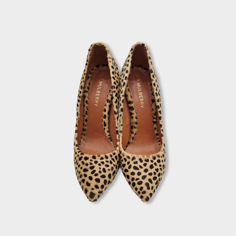 pre-loved MULBERRY beige and black animal print pony skin heels
