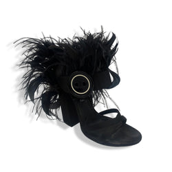 pre-loved PRADA black satin feather-trimmed sandal heels | Size 37