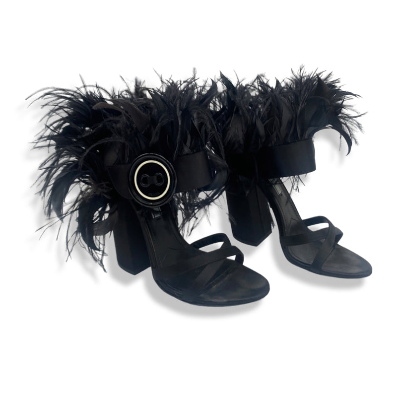 pre-owned PRADA black satin feather-trimmed sandal heels | Size 37