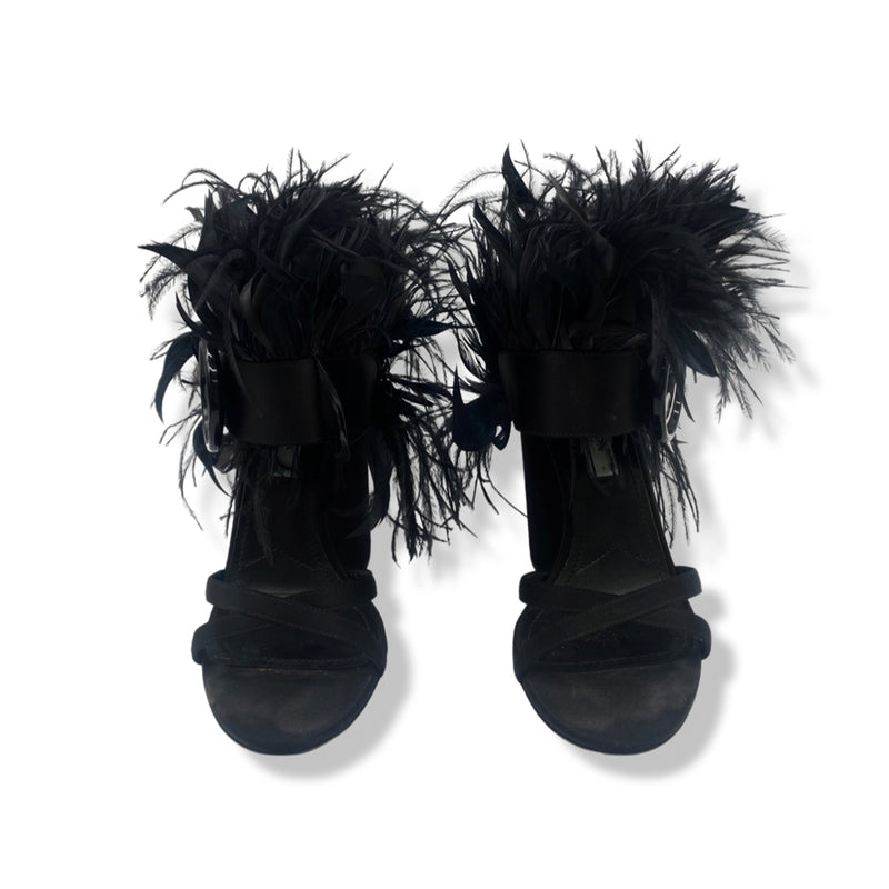 second-hand PRADA black satin feather-trimmed sandal heels | Size 37