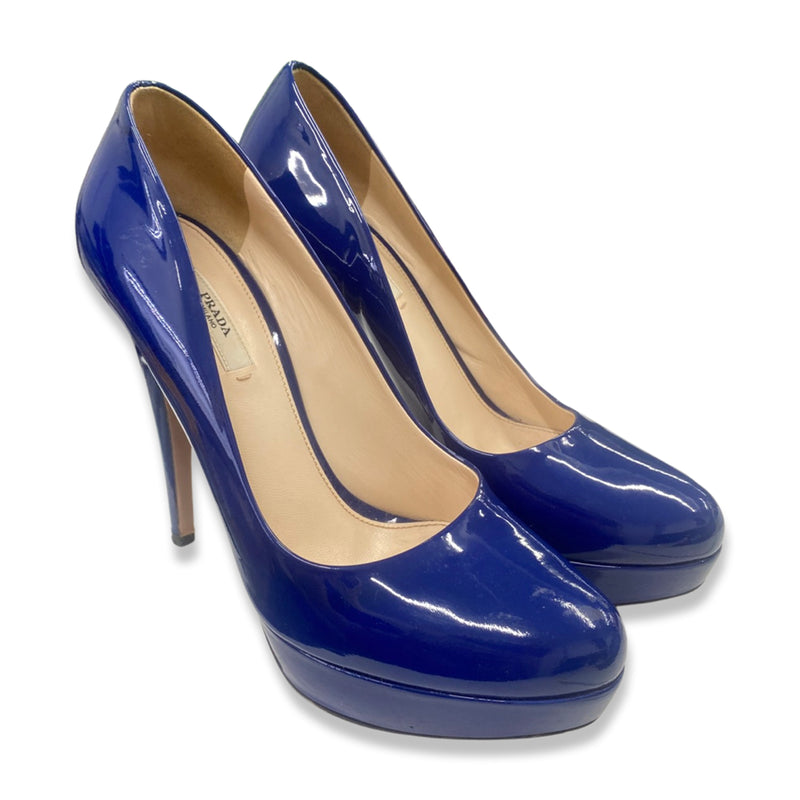 pre-owned PRADA blue patent leather platform heels | Size 40