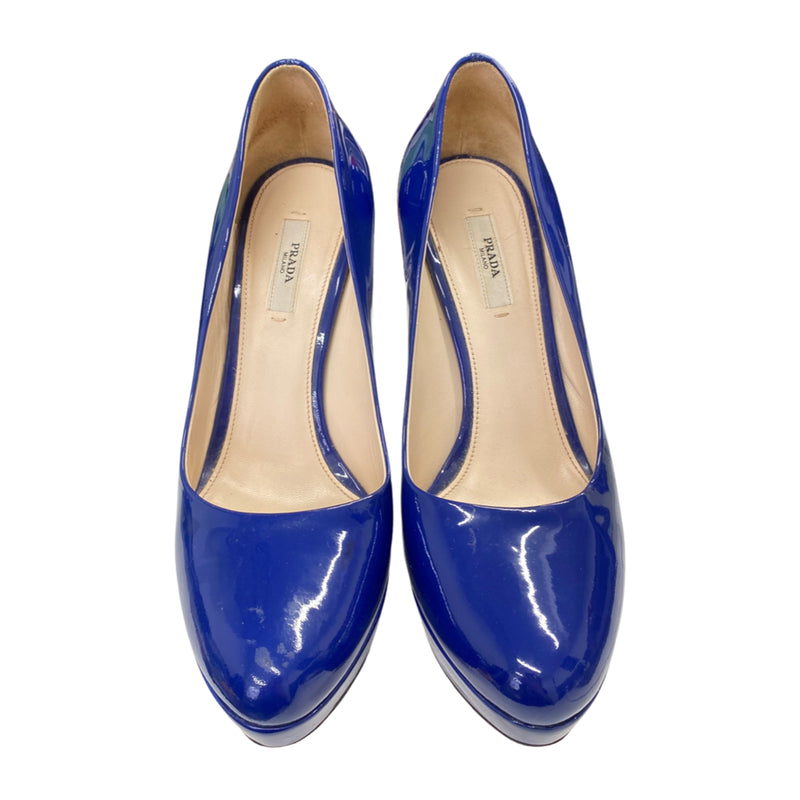 second-hand PRADA blue patent leather platform heels | Size 40