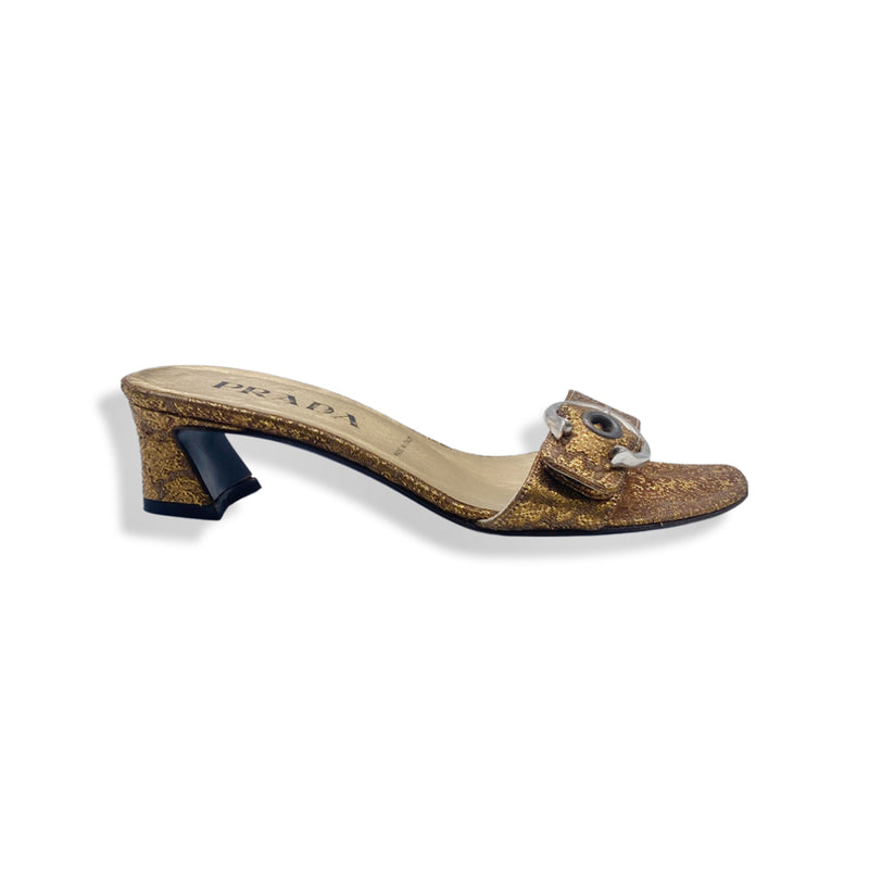 pre-loved PRADA golden brocade heeled mules | Size 37