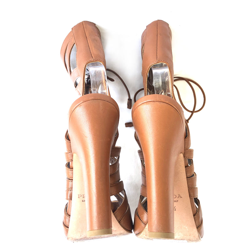 PRADA brown ankle sandal lace up heels