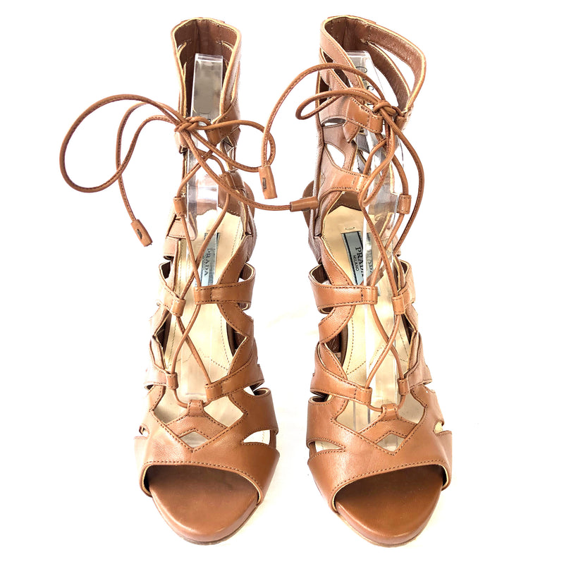 PRADA brown ankle sandal lace up heels