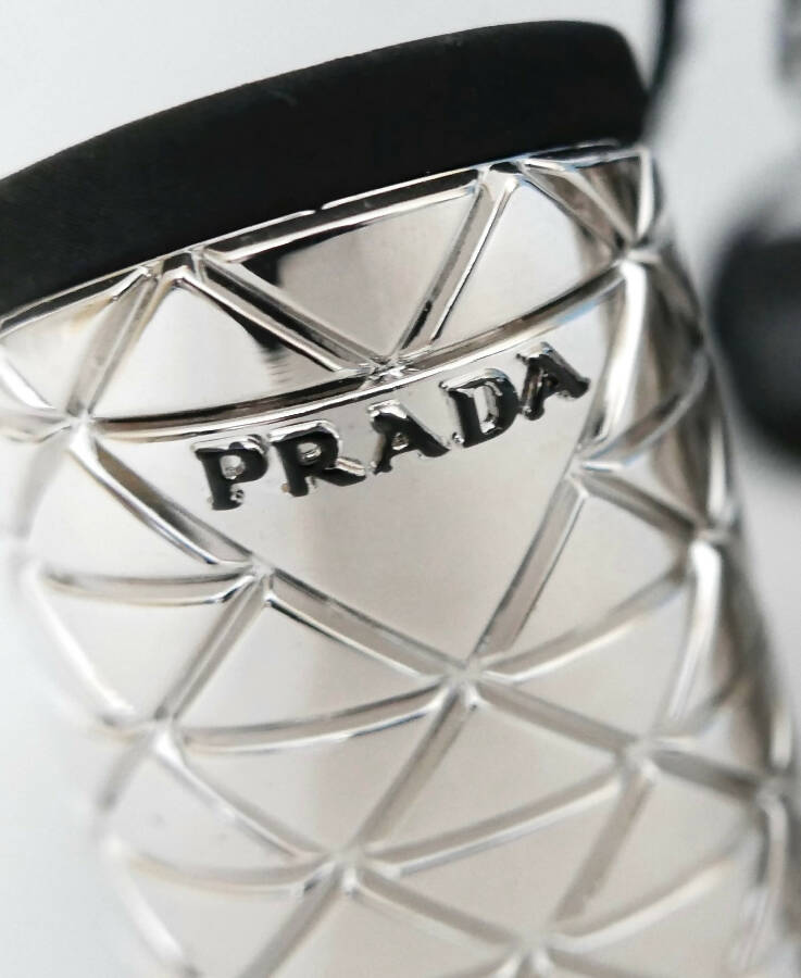 Prada silver and black leather Disco Ball heeled sandals