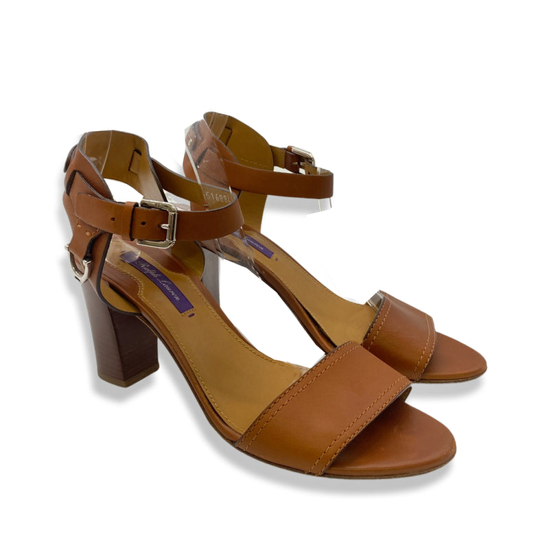 pre-owned RALPH LAUREN camel leather sandal heels | Size 38.5