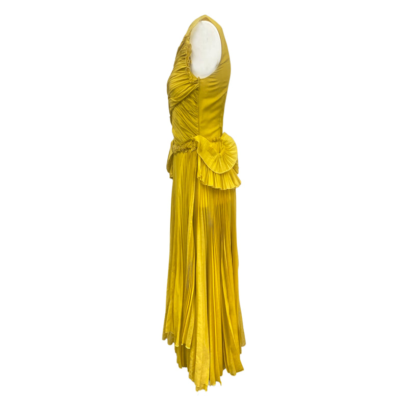 second-hand ROCHAS mustard yellow pleated dress | Size UK10