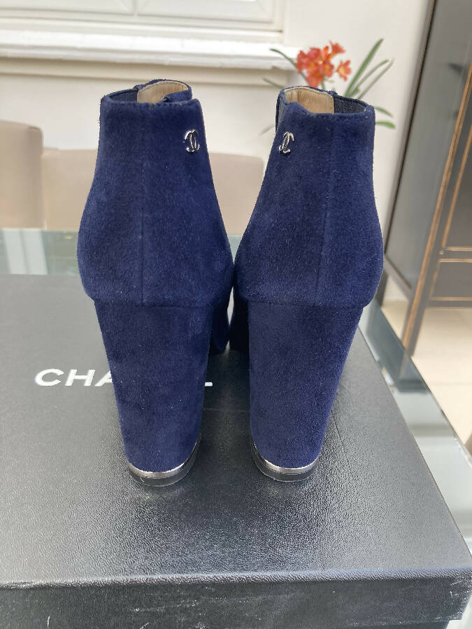 Chanel women’s navy suede block-heels ankle boots