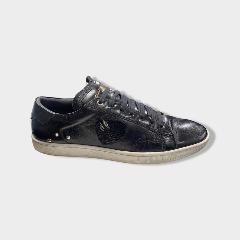 pre-owned SAINT LAURENT black leather heart bead-embroidered trainers | Size EU42 UK8