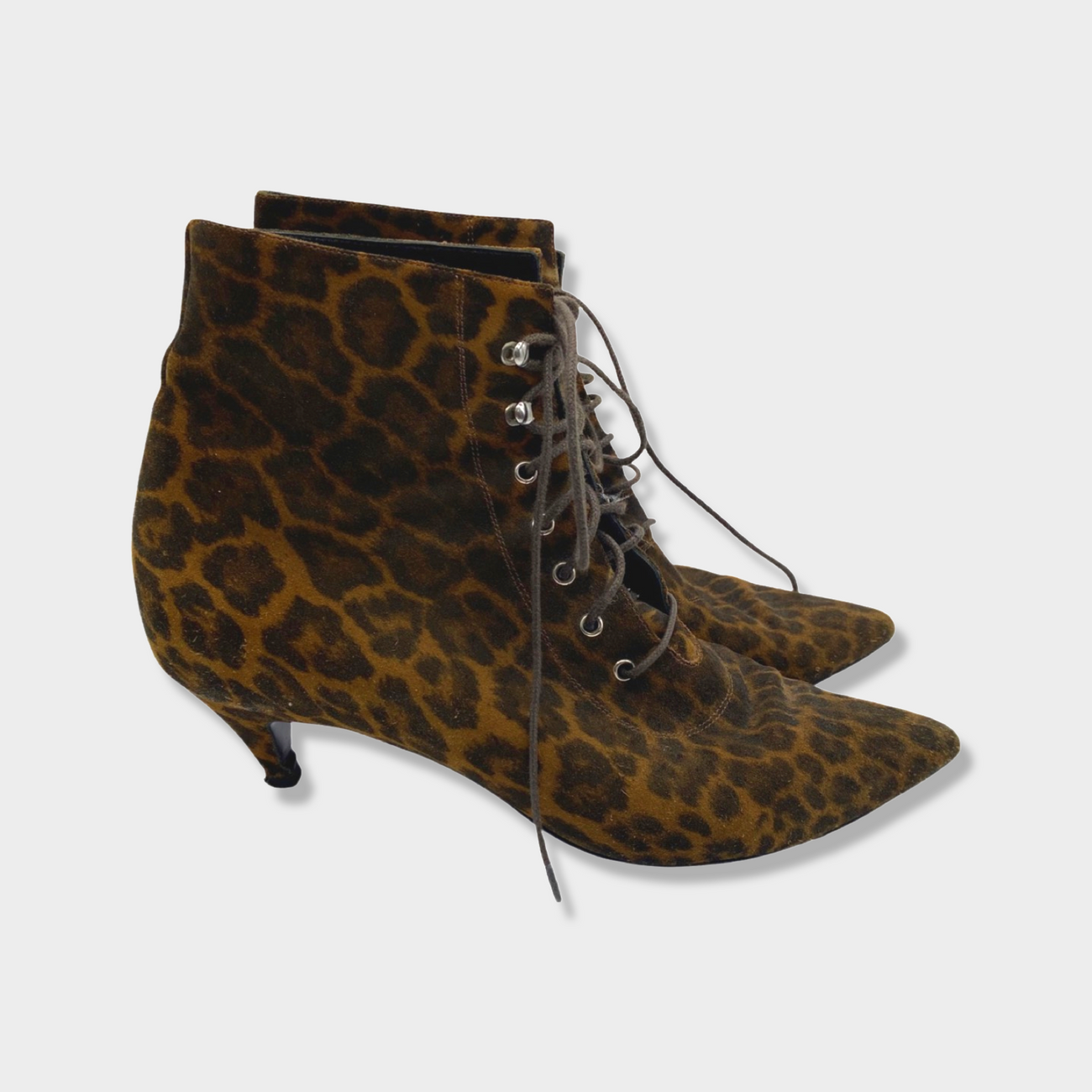 SAINT LAURENT cheetah print suede ankle kitten heeled boots Loop