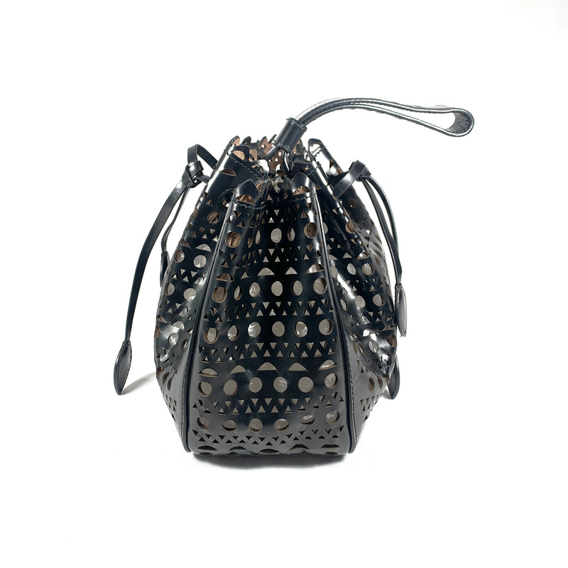 pre-loved ALAÏA black leather laser cut basket handbag with an inside mirror