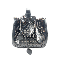 second hand ALAÏA black leather laser cut basket handbag with an inside mirror