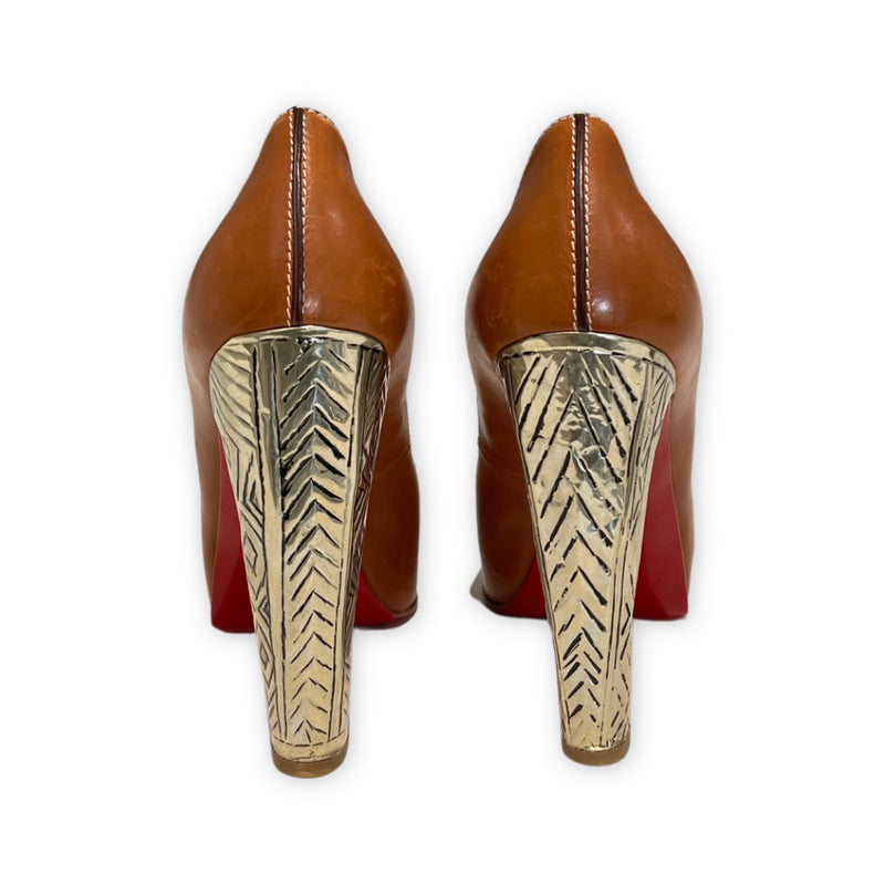 Christian Louboutin open-toe brown platform heels with a metal heel