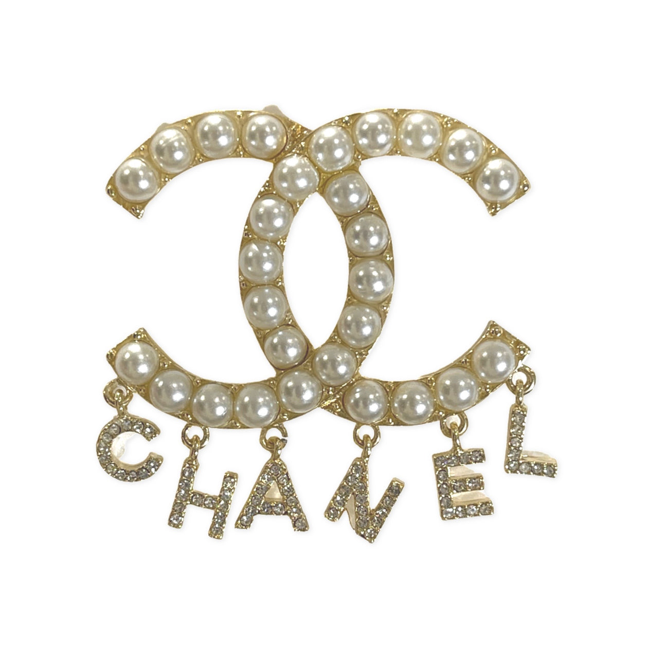 Chanel CC gold pearl brooch with dangling letters – Loop Generation