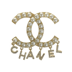 second hand Chanel CC gold pearl brooch with dangling letters