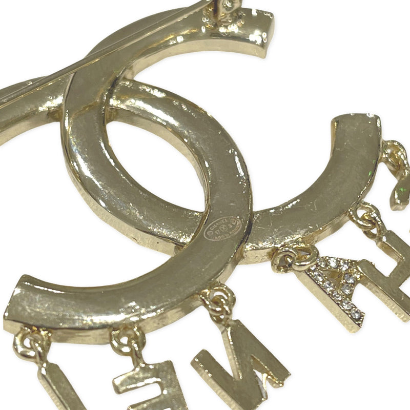 Chanel CC gold pearl brooch with dangling letters