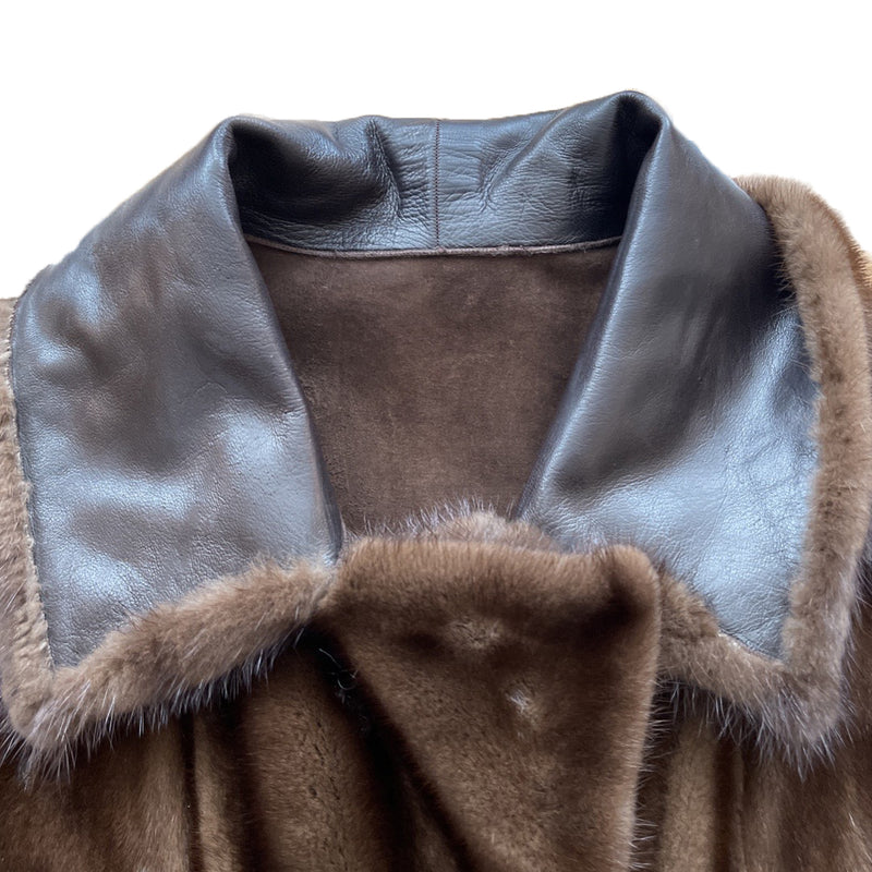 Unsigned brown reversible mink fur coat with leather collar