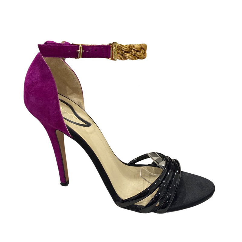 pre-owned ETRO fuchsia, gold, and black suede heels | Size 39