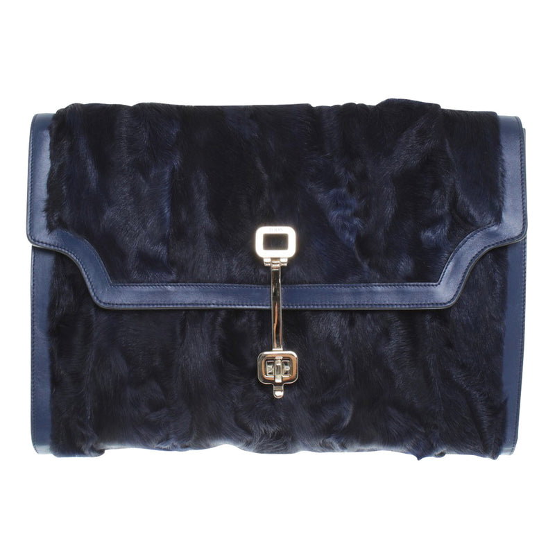 Tod's navy fur clutch with gold hardware