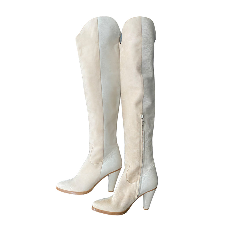 pre-owned Chloe beige suede and leather knee boots | size 39.5