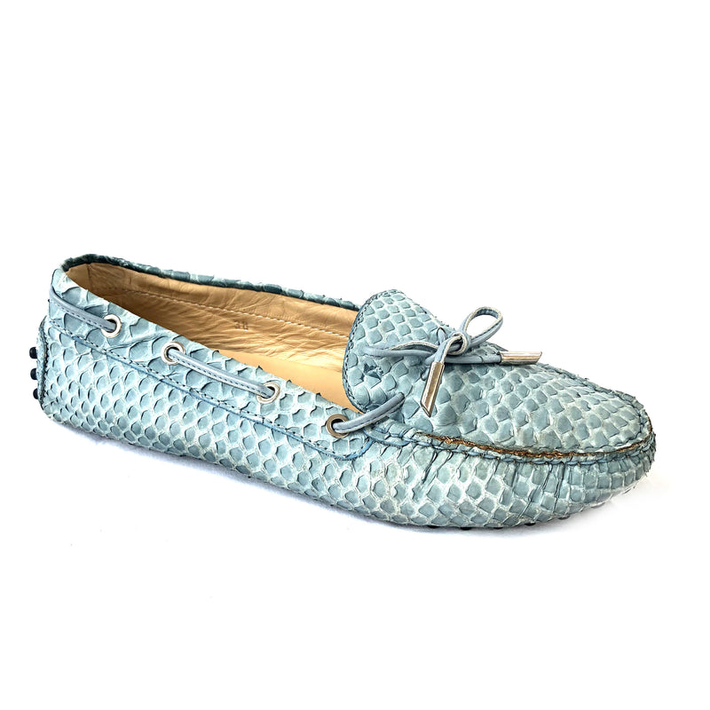 TOD'S sky blue python leather loafers